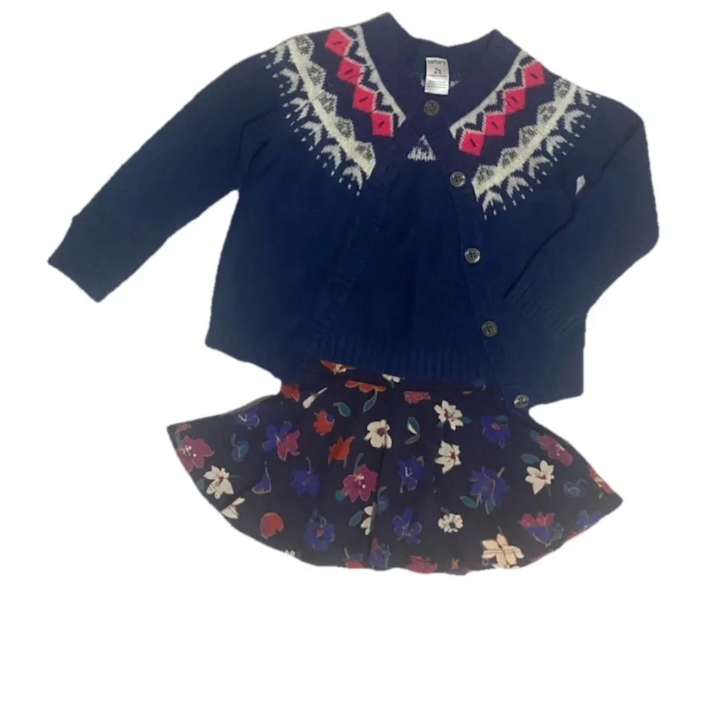 Carters Girls 2T Navy Blue Fair Isle Cardigan & 18-24m Floral Old Navy Skirt Lot - Picture 2 of 11
